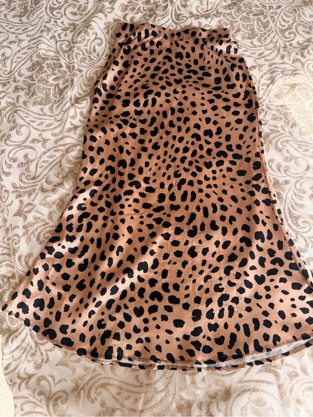 Leopard-Print Satin A-Line Midi Skirt - Black on Tan